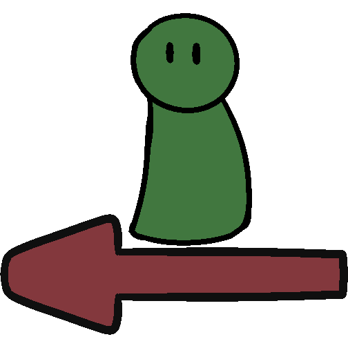 A green figure standing above a red arrow pointing left.